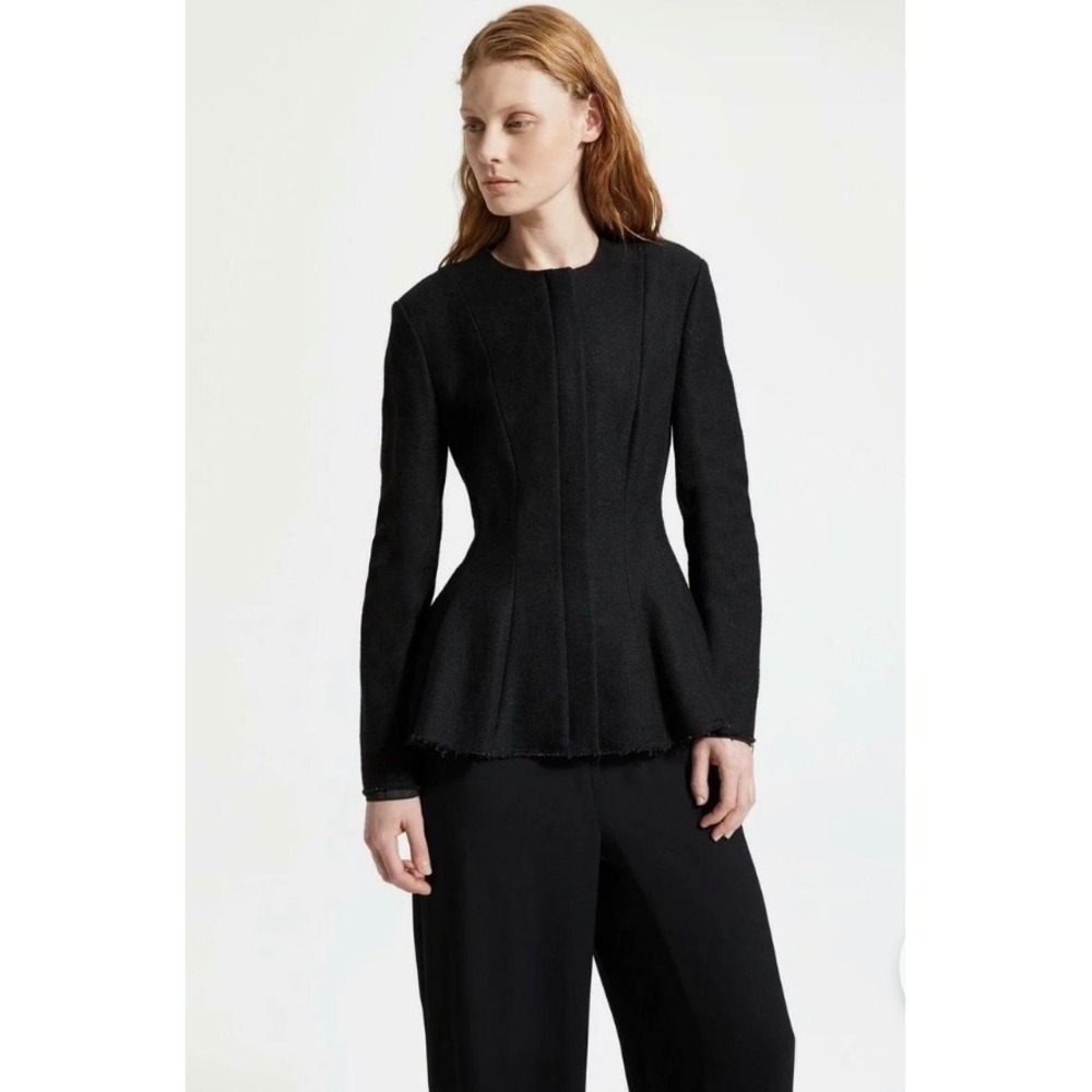 Theory Movement Peplum Jacket Black Canvas Tweed Raw Edges Zip Front $595 Sz 2